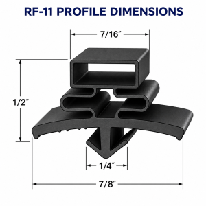 RF-11 refrigeration gasket profile dimensions: 7/16 inch top width, 1/2 inch height, 7/8 inch base width, and 1/4 inch mounting dart