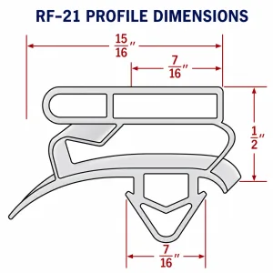 RF-21 refrigeration gasket profile dimensions: 15/16 inch overall width, 7/16 inch magnetic channel, 1/2 inch height, and 7/16 inch mounting dart