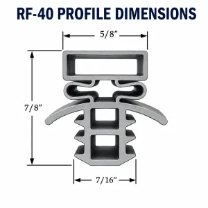 RF-40 refrigeration gasket profile dimensions: 5/8 inch magnetic channel width, 7/8 inch overall height, and 7/16 inch mounting dart and base width