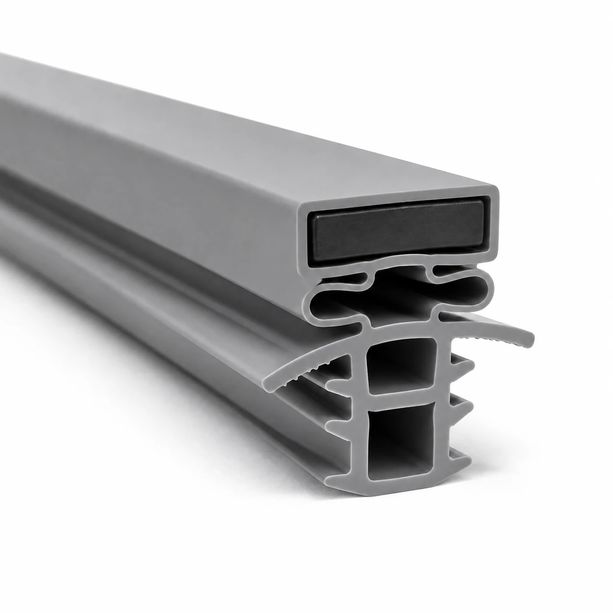 RF-40 gray magnetic refrigeration gasket profile in a professional 3D view with the flexible magnet visible inside the upper channel and hollow compression channels