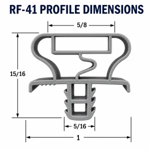 RF-41 refrigeration gasket profile dimensions: 1 inch overall width, 5/8 inch magnetic channel, 15/16 inch overall height, and 5/16 inch mounting dart