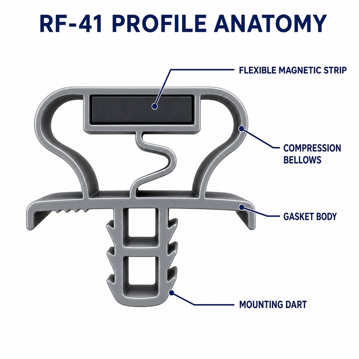 RF-41 gray magnetic gasket profile anatomy showing flexible magnetic strip, compression bellows, gasket body, and mounting dart